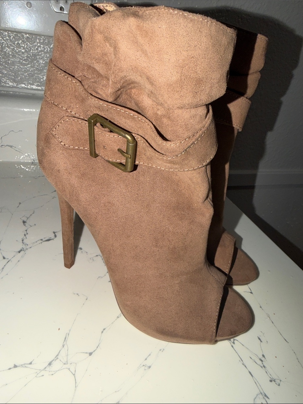 Shoe Dazzle Taupe Suede Open-Toe Stiletto Booties with Buckle